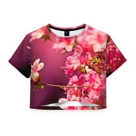 Женская футболка 3D укороченная с принтом Сакура в Курске, 100% полиэстер | круглая горловина, длина футболки до линии талии, рукава с отворотами | Тематика изображения на принте: 3d | flower | nature | pink | sakura | весна | деревья | природа | розовый | сакура | цветы | япония