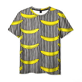 Мужская футболка 3D с принтом Бананы на Полосатом Фоне в Курске, 100% полиэфир | прямой крой, круглый вырез горловины, длина до линии бедер | банана | бананчик | вкусный | желтый | спелый | фрукт