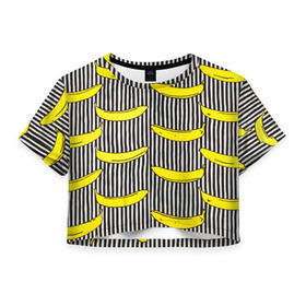 Женская футболка 3D укороченная с принтом Бананы на Полосатом Фоне в Курске, 100% полиэстер | круглая горловина, длина футболки до линии талии, рукава с отворотами | банана | бананчик | вкусный | желтый | спелый | фрукт
