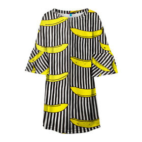 Детское платье 3D с принтом Бананы на Полосатом Фоне в Курске, 100% полиэстер | прямой силуэт, чуть расширенный к низу. Круглая горловина, на рукавах — воланы | банана | бананчик | вкусный | желтый | спелый | фрукт