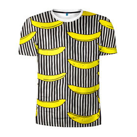 Мужская футболка 3D спортивная с принтом Бананы на Полосатом Фоне в Курске, 100% полиэстер с улучшенными характеристиками | приталенный силуэт, круглая горловина, широкие плечи, сужается к линии бедра | Тематика изображения на принте: банана | бананчик | вкусный | желтый | спелый | фрукт