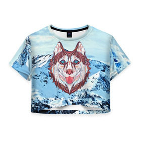 Женская футболка 3D укороченная с принтом Хаски в Курске, 100% полиэстер | круглая горловина, длина футболки до линии талии, рукава с отворотами | at | bowwow | dog | hound | pooch | арт | гончая | гончая собака | горы | деревья | лес | снег | собака | хаски | холод