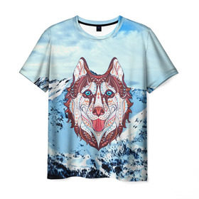 Мужская футболка 3D с принтом Хаски в Курске, 100% полиэфир | прямой крой, круглый вырез горловины, длина до линии бедер | at | bowwow | dog | hound | pooch | арт | гончая | гончая собака | горы | деревья | лес | снег | собака | хаски | холод