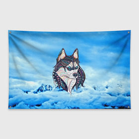 Флаг-баннер с принтом Siberian Husky в Курске, 100% полиэстер | размер 67 х 109 см, плотность ткани — 95 г/м2; по краям флага есть четыре люверса для крепления | at | bowwow | dog | hound | pooch | арт | гончая | гончая собака | горы | деревья | лес | снег | собака | хаски | холод