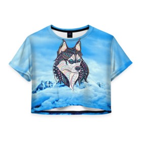 Женская футболка 3D укороченная с принтом Siberian Husky в Курске, 100% полиэстер | круглая горловина, длина футболки до линии талии, рукава с отворотами | at | bowwow | dog | hound | pooch | арт | гончая | гончая собака | горы | деревья | лес | снег | собака | хаски | холод