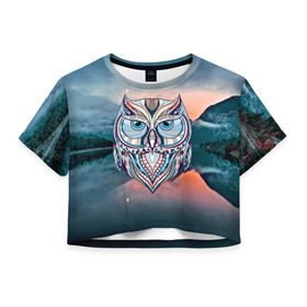 Женская футболка 3D укороченная с принтом Сова в Курске, 100% полиэстер | круглая горловина, длина футболки до линии талии, рукава с отворотами | birds | животные | ночь | озеро | полуночник | природа | птица | река | сова | сыч | филин