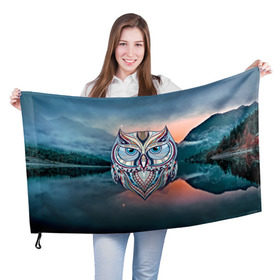 Флаг 3D с принтом Сова в Курске, 100% полиэстер | плотность ткани — 95 г/м2, размер — 67 х 109 см. Принт наносится с одной стороны | birds | животные | ночь | озеро | полуночник | природа | птица | река | сова | сыч | филин