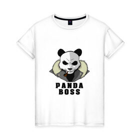 Женская футболка хлопок с принтом Panda Boss в Курске, 100% хлопок | прямой крой, круглый вырез горловины, длина до линии бедер, слегка спущенное плечо | банда | большой | босс | важный | главарь | главный | директор | крутой | круче всех | лидер | мех | панда | россия | русский | самый | супер | трубка | шуба