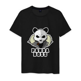 Мужская футболка хлопок с принтом Panda Boss в Курске, 100% хлопок | прямой крой, круглый вырез горловины, длина до линии бедер, слегка спущенное плечо. | банда | большой | босс | важный | главарь | главный | директор | крутой | круче всех | лидер | мех | панда | россия | русский | самый | супер | трубка | шуба