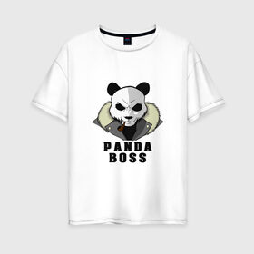 Женская футболка хлопок Oversize с принтом Panda Boss в Курске, 100% хлопок | свободный крой, круглый ворот, спущенный рукав, длина до линии бедер
 | банда | большой | босс | важный | главарь | главный | директор | крутой | круче всех | лидер | мех | панда | россия | русский | самый | супер | трубка | шуба