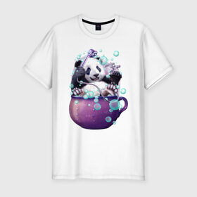 Мужская футболка премиум с принтом Панда в Курске, 92% хлопок, 8% лайкра | приталенный силуэт, круглый вырез ворота, длина до линии бедра, короткий рукав | Тематика изображения на принте: арт | ванная | пена | пузыри | рисунок