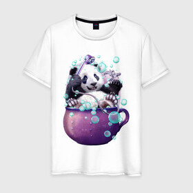 Мужская футболка хлопок с принтом Панда в Курске, 100% хлопок | прямой крой, круглый вырез горловины, длина до линии бедер, слегка спущенное плечо. | арт | ванная | пена | пузыри | рисунок