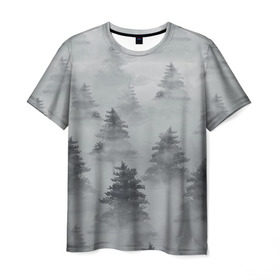 Мужская футболка 3D с принтом Туманный лес в Курске, 100% полиэфир | прямой крой, круглый вырез горловины, длина до линии бедер | бор | вечер | деревья | елка | еловый | ель | загадочный | земля | зима | лес | мрачный | необычный | природа | серый | сибирь | снег | тайга | туман | хвойный