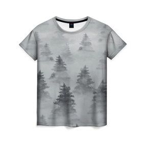 Женская футболка 3D с принтом Туманный лес в Курске, 100% полиэфир ( синтетическое хлопкоподобное полотно) | прямой крой, круглый вырез горловины, длина до линии бедер | бор | вечер | деревья | елка | еловый | ель | загадочный | земля | зима | лес | мрачный | необычный | природа | серый | сибирь | снег | тайга | туман | хвойный
