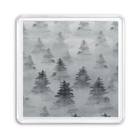 Магнит 55*55 с принтом Туманный лес в Курске, Пластик | Размер: 65*65 мм; Размер печати: 55*55 мм | бор | вечер | деревья | елка | еловый | ель | загадочный | земля | зима | лес | мрачный | необычный | природа | серый | сибирь | снег | тайга | туман | хвойный