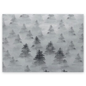 Поздравительная открытка с принтом Туманный лес в Курске, 100% бумага | плотность бумаги 280 г/м2, матовая, на обратной стороне линовка и место для марки
 | Тематика изображения на принте: бор | вечер | деревья | елка | еловый | ель | загадочный | земля | зима | лес | мрачный | необычный | природа | серый | сибирь | снег | тайга | туман | хвойный