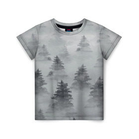 Детская футболка 3D с принтом Туманный лес в Курске, 100% гипоаллергенный полиэфир | прямой крой, круглый вырез горловины, длина до линии бедер, чуть спущенное плечо, ткань немного тянется | бор | вечер | деревья | елка | еловый | ель | загадочный | земля | зима | лес | мрачный | необычный | природа | серый | сибирь | снег | тайга | туман | хвойный