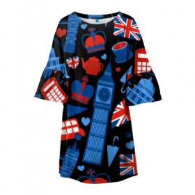 Детское платье 3D с принтом Великобритания в Курске, 100% полиэстер | прямой силуэт, чуть расширенный к низу. Круглая горловина, на рукавах — воланы | красный | лондон | паттерн | черный