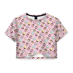 Женская футболка 3D укороченная с принтом Каваи Кексики в Курске, 100% полиэстер | круглая горловина, длина футболки до линии талии, рукава с отворотами | аниме | вкусняшка | детский | еда | капкейки | лапуля | милота | милый | мимими | няша | розовый