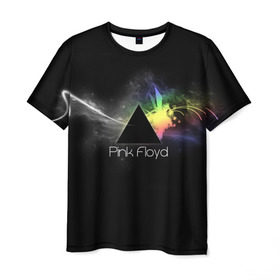 Мужская футболка 3D с принтом Pink Floyd Logo в Курске, 100% полиэфир | прямой крой, круглый вырез горловины, длина до линии бедер | Тематика изображения на принте: англия | басы | британия | гитара | группа | дым | космос | логотип | музыка | песни | пинк флойд | призма | радуга | рок | свет