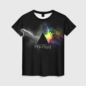 Женская футболка 3D с принтом Pink Floyd Logo в Курске, 100% полиэфир ( синтетическое хлопкоподобное полотно) | прямой крой, круглый вырез горловины, длина до линии бедер | англия | басы | британия | гитара | группа | дым | космос | логотип | музыка | песни | пинк флойд | призма | радуга | рок | свет