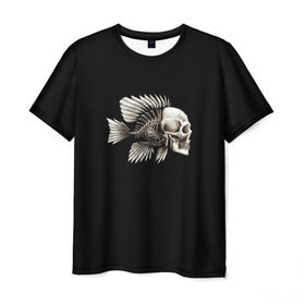 Мужская футболка 3D с принтом Рыба Скелет в Курске, 100% полиэфир | прямой крой, круглый вырез горловины, длина до линии бедер | анатомия | кости | море | плавники | принт | рисунок | рыбный | рыбы | тату | ужас | хвост | череп | черный | чешуя