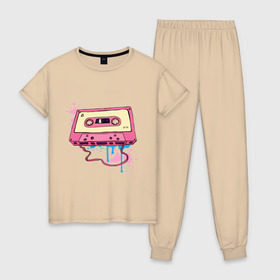 Женская пижама хлопок с принтом Аудиокассета в Курске, 100% хлопок | брюки и футболка прямого кроя, без карманов, на брюках мягкая резинка на поясе и по низу штанин | mc | кассета