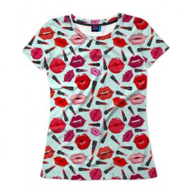 Женская футболка 3D с принтом Губы в Курске, 100% полиэфир ( синтетическое хлопкоподобное полотно) | прямой крой, круглый вырез горловины, длина до линии бедер | губы | помада | поцелуй