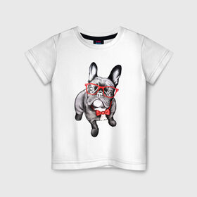 Детская футболка хлопок с принтом Бульдог в Курске, 100% хлопок | круглый вырез горловины, полуприлегающий силуэт, длина до линии бедер | bulldog | dog | бабочка | бульдог в очках | в очках | дог | очки | собака