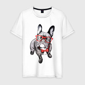 Мужская футболка хлопок с принтом Бульдог в Курске, 100% хлопок | прямой крой, круглый вырез горловины, длина до линии бедер, слегка спущенное плечо. | bulldog | dog | бабочка | бульдог в очках | в очках | дог | очки | собака
