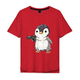 Мужская футболка хлопок Oversize с принтом Пингвин с пистолетом в Курске, 100% хлопок | свободный крой, круглый ворот, “спинка” длиннее передней части | 