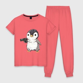 Женская пижама хлопок с принтом Пингвин с пистолетом в Курске, 100% хлопок | брюки и футболка прямого кроя, без карманов, на брюках мягкая резинка на поясе и по низу штанин | 
