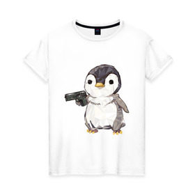 Женская футболка хлопок с принтом Пингвин с пистолетом в Курске, 100% хлопок | прямой крой, круглый вырез горловины, длина до линии бедер, слегка спущенное плечо | 