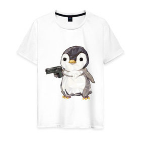 Мужская футболка хлопок с принтом Пингвин с пистолетом в Курске, 100% хлопок | прямой крой, круглый вырез горловины, длина до линии бедер, слегка спущенное плечо. | 