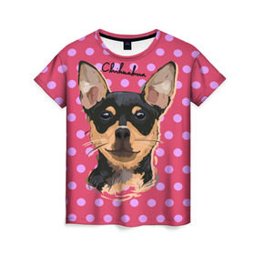 Женская футболка 3D с принтом Чихуахуа в Курске, 100% полиэфир ( синтетическое хлопкоподобное полотно) | прямой крой, круглый вырез горловины, длина до линии бедер | chihuahua | dog | арт | горошек | животное | кружочек | розовый | собака | текстура | чихуахуа