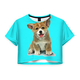 Женская футболка 3D укороченная с принтом Корги в Курске, 100% полиэстер | круглая горловина, длина футболки до линии талии, рукава с отворотами | corgy | dog | korgi | puppy | вельш корги | кардиган | коржик | пемброк | собака | щенок
