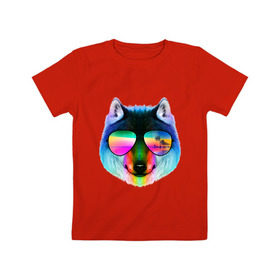 Детская футболка хлопок с принтом Радужный волк в Курске, 100% хлопок | круглый вырез горловины, полуприлегающий силуэт, длина до линии бедер | волк | галюцинация | иллюзия | море | океан | остров | очки | пальма | пляж | радуга