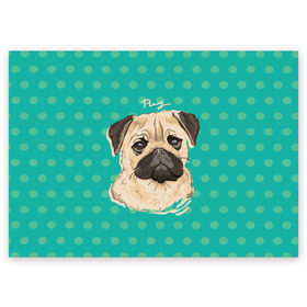 Поздравительная открытка с принтом Мопсик в Курске, 100% бумага | плотность бумаги 280 г/м2, матовая, на обратной стороне линовка и место для марки
 | dog | pug | арт | животное | кружочки | мопс | пес | собака | текстура