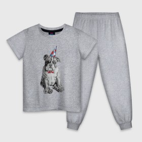 Детская пижама хлопок с принтом праздничный бульдог в Курске, 100% хлопок |  брюки и футболка прямого кроя, без карманов, на брюках мягкая резинка на поясе и по низу штанин
 | dog | happy | бабочка | бульдог | день рождение | дог | собака