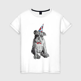 Женская футболка хлопок с принтом праздничный бульдог в Курске, 100% хлопок | прямой крой, круглый вырез горловины, длина до линии бедер, слегка спущенное плечо | dog | happy | бабочка | бульдог | день рождение | дог | собака