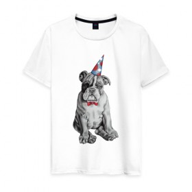 Мужская футболка хлопок с принтом праздничный бульдог в Курске, 100% хлопок | прямой крой, круглый вырез горловины, длина до линии бедер, слегка спущенное плечо. | Тематика изображения на принте: dog | happy | бабочка | бульдог | день рождение | дог | собака