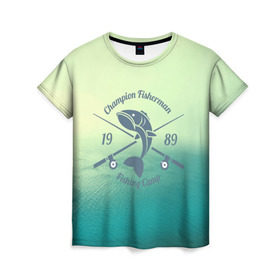 Женская футболка 3D с принтом Champion Fisherman в Курске, 100% полиэфир ( синтетическое хлопкоподобное полотно) | прямой крой, круглый вырез горловины, длина до линии бедер | baitbest | bottom | driftwood | fisherman | fishing | fishwaterhook | pike | river | вода | дно | коряга | крючок | лучший рыбак | наживка | река | рыба | рыбалка | щука