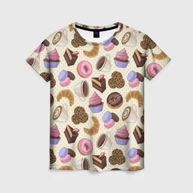 Женская футболка 3D с принтом Радости и сладости 2 в Курске, 100% полиэфир ( синтетическое хлопкоподобное полотно) | прямой крой, круглый вырез горловины, длина до линии бедер | глазурь | завтрак | кекс | кофе | крем | круасан | макарон | настроение | паттерн | печенье | пончик | радости | сладости | торт