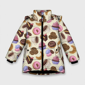Зимняя куртка для девочек 3D с принтом Радости и сладости 2 в Курске, ткань верха — 100% полиэстер; подклад — 100% полиэстер, утеплитель — 100% полиэстер. | длина ниже бедра, удлиненная спинка, воротник стойка и отстегивающийся капюшон. Есть боковые карманы с листочкой на кнопках, утяжки по низу изделия и внутренний карман на молнии. 

Предусмотрены светоотражающий принт на спинке, радужный светоотражающий элемент на пуллере молнии и на резинке для утяжки. | глазурь | завтрак | кекс | кофе | крем | круасан | макарон | настроение | паттерн | печенье | пончик | радости | сладости | торт