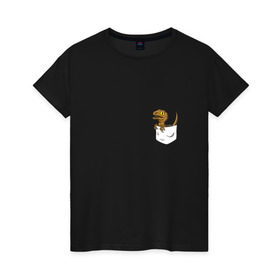Женская футболка хлопок с принтом Дракончик в кармашке в Курске, 100% хлопок | прямой крой, круглый вырез горловины, длина до линии бедер, слегка спущенное плечо | дино | динозавр | карман | ящерица | ящерка