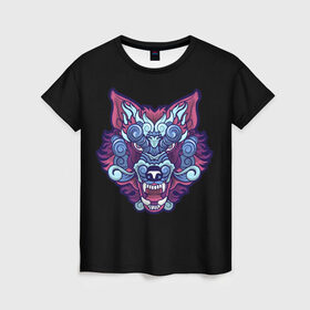 Женская футболка 3D с принтом Дуx волка в Курске, 100% полиэфир ( синтетическое хлопкоподобное полотно) | прямой крой, круглый вырез горловины, длина до линии бедер | арт | белый | волк | зверь | мульт рисунок | новинки | прикольный | хищник | черный | яркие
