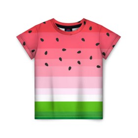 Детская футболка 3D с принтом Арбузик в Курске, 100% гипоаллергенный полиэфир | прямой крой, круглый вырез горловины, длина до линии бедер, чуть спущенное плечо, ткань немного тянется | pattern | trend | арбуз | зеленый | косточки | красный | мода | патерн | паттерн | розовый | текстура | тренд | фрукт | ягода