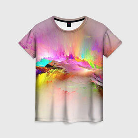 Женская футболка 3D с принтом Краски неба в Курске, 100% полиэфир ( синтетическое хлопкоподобное полотно) | прямой крой, круглый вырез горловины, длина до линии бедер | abstract | background | bright | colorful | colors | painting | rainbow | splash | краски | фон