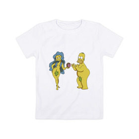 Детская футболка хлопок с принтом Симпсоны в Курске, 100% хлопок | круглый вырез горловины, полуприлегающий силуэт, длина до линии бедер | Тематика изображения на принте: bart | homer | love | simpsons | адам | барт | гомер | ева | любовь | мульт | мультфильм | пончик | симпсоны