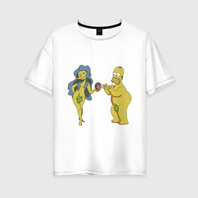 Женская футболка хлопок Oversize с принтом Симпсоны в Курске, 100% хлопок | свободный крой, круглый ворот, спущенный рукав, длина до линии бедер
 | bart | homer | love | simpsons | адам | барт | гомер | ева | любовь | мульт | мультфильм | пончик | симпсоны